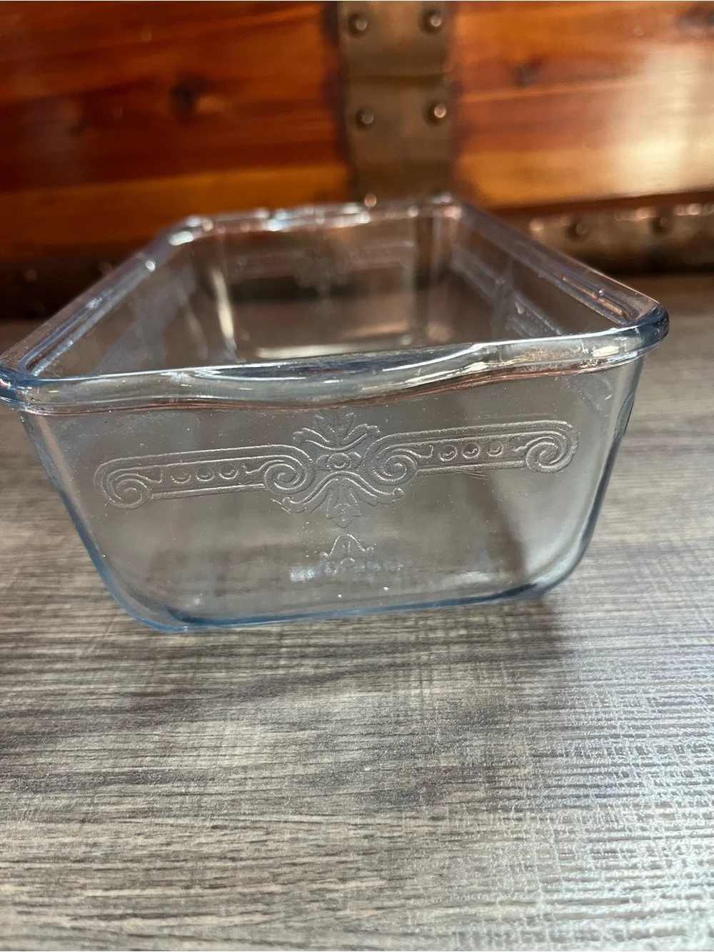Beautiful Fire King loaf pan. Decorative. Chip on outside and rim. See photos